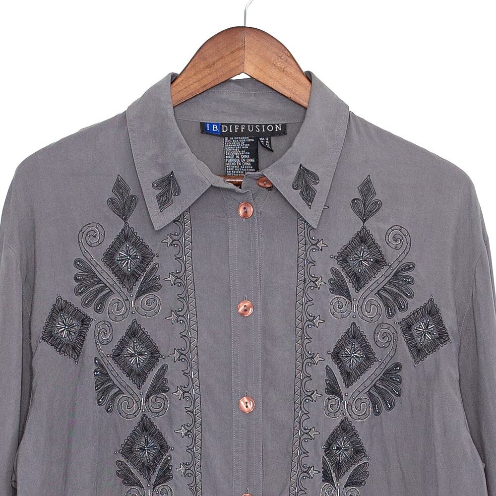 IB Diffusion VTG Silk Western Shirt Women 12 Gray Beaded Embroidered Boho
